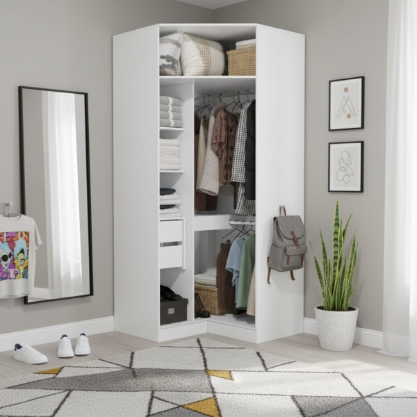 Txokoa Corner Wardrobe in white with shelves and hanging rail, modern corner storage unit