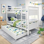 Titan Vicawu white wooden bunk bed with pull out trundle in modern kids bedroom