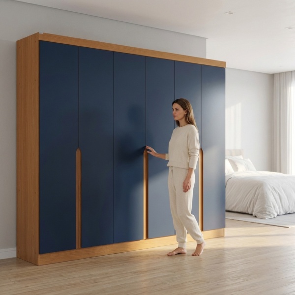 Esky 6 Door Wardrobe with Drawers in blue and oak, modern bedroom design