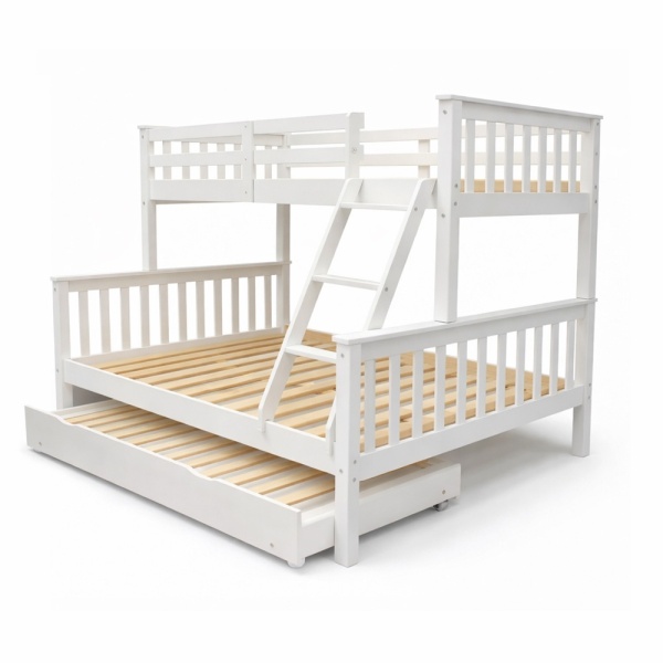 Arenas Vicawu white wooden double bunk bed with pull-out trundle bed