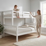 Arenas Vicawu white wooden double bunk bed in children’s bedroom with side ladder