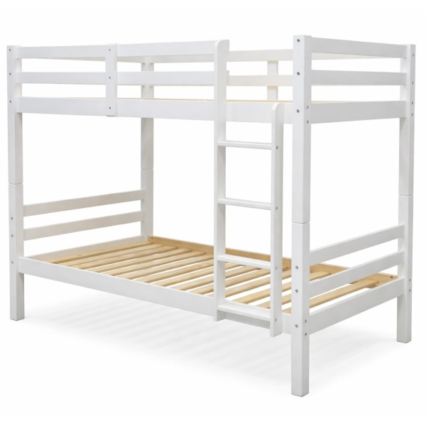 Atlas Vicawu white wooden bunk bed frame with ladder and solid pine structure on white background