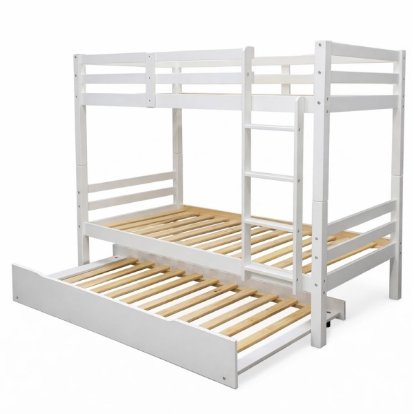White wooden bunk bed with pull-out trundle and slatted base on white background