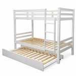 White wooden bunk bed with pull-out trundle and slatted base on white background