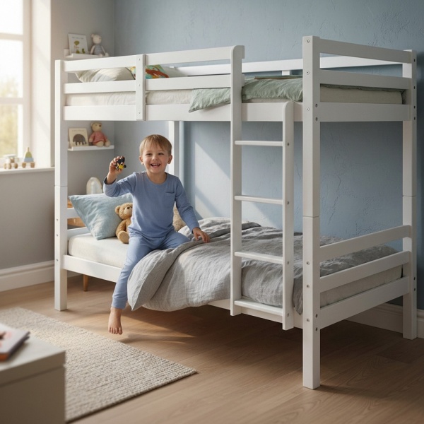 Atlas Vicawu white wooden bunk bed in kids bedroom with child playing, solid pine frame and ladder