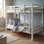 Atlas Vicawu white wooden bunk bed in kids bedroom with child playing, solid pine frame and ladder