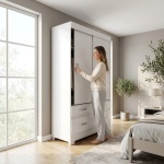 White sliding door wardrobe with four drawers, hanging rod, and shelves.
