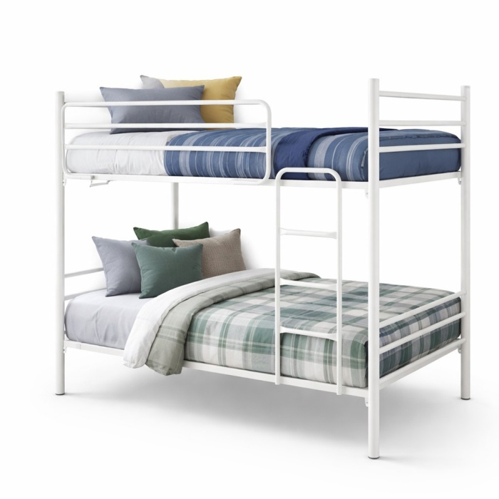 Bunk bed with ladder and safety railing, functional and easy to assemble. Wooden slatted bed base with central reinforcement.