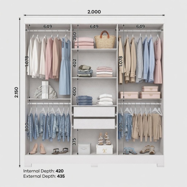 Wilsor 6 door wardrobe dimensions 200x215 cm with detailed internal and external depth
