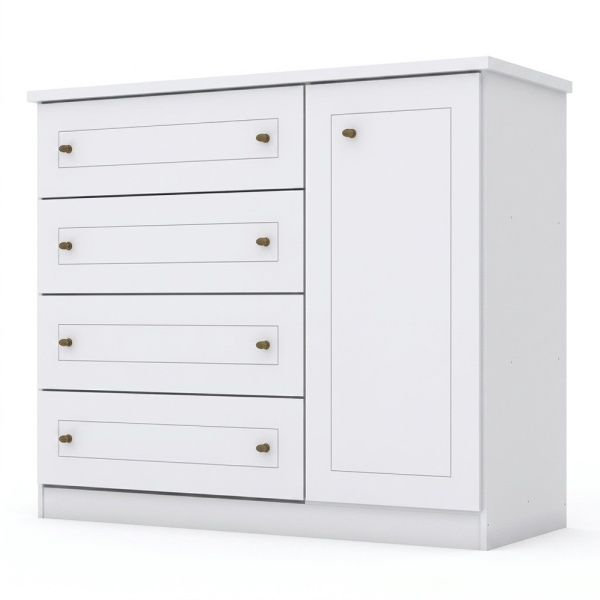 Tilium Vicawu 4 drawer chest with side door, white finish, elegant and functional design