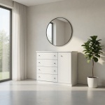 Tilium Vicawu 4 drawer white chest in modern bedroom, with side door and large storage capacity