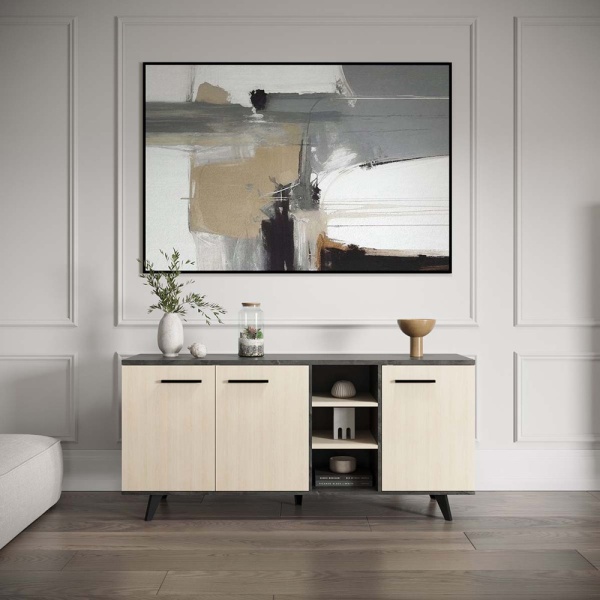 Keny Vicawu 3-door sideboard in modern living room, light wood and graphite grey stylish furniture