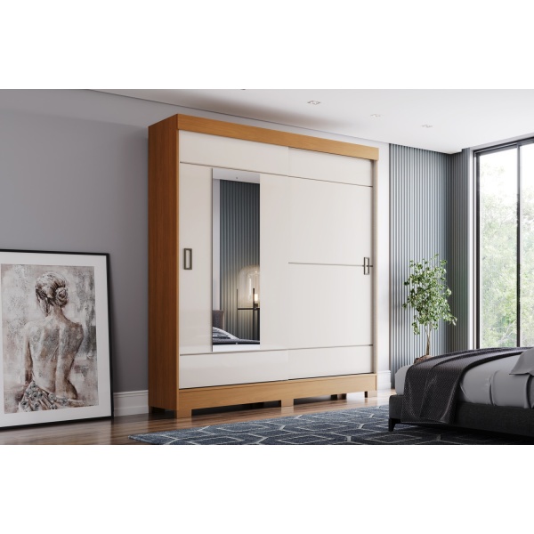 Wardrobe with drawers Bayron in natural cinnamon oak and beige, modern sliding door design