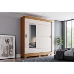 Wardrobe with drawers Bayron in natural cinnamon oak and beige, modern sliding door design