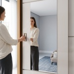 Wardrobe with drawers Bayron with mirror and sliding doors in natural cinnamon oak and beige