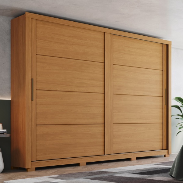 Genius sliding door wardrobe in cinnamon oak, modern design and large storage capacity