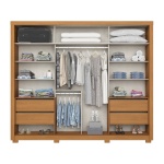 Interior of Genius wardrobe with shelves, drawers and rails, complete organisation in cinnamon oak