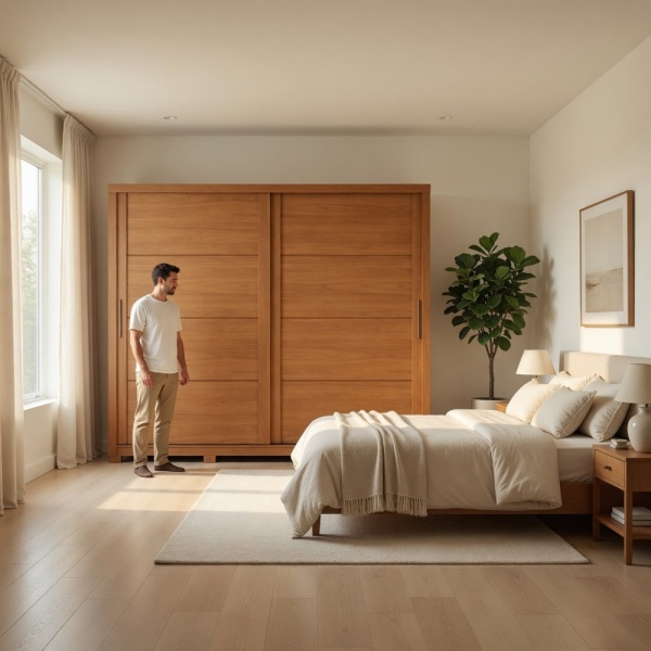 Genius wardrobe in modern bedroom in cinnamon oak with sliding doors and strong presence