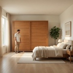 Genius wardrobe in modern bedroom in cinnamon oak with sliding doors and strong presence