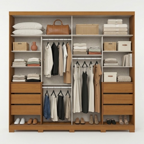 Rufus wardrobe interior with shelves, drawers and rails, maximum organisation