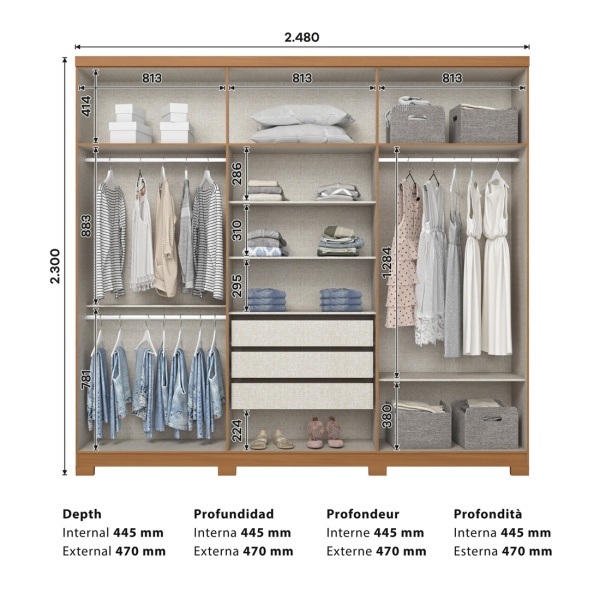 Blenda Vicawu 6 Door Wardrobe dimensions with drawers, shelves and internal hanging space